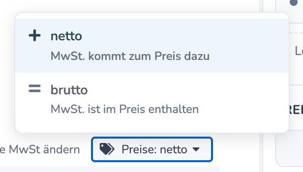 Menü zum Umschalten zwischen netto und brutto