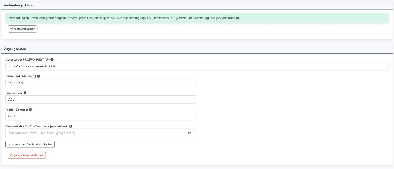 Karten Verbindungsstatus und Zugangsdaten der Proffix-Schnittstelle
