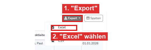 Export-Menü mit Excel, PDF und CSV