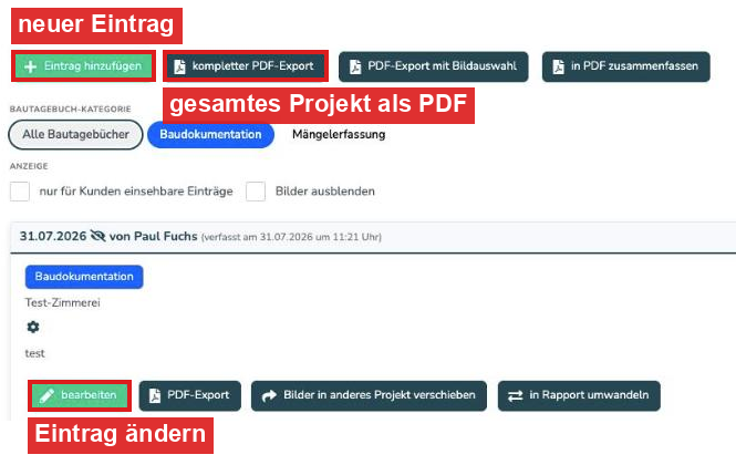 Reiter Bautagebuch im Projekt mit den Buttons Eintrag hinzufügen, kompletter PDF-Export und bearbeiten