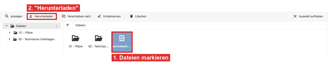 Markierte Datei und Button Herunterladen