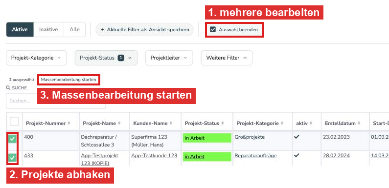 Projekte abhaken und Massenbearbeitung starten