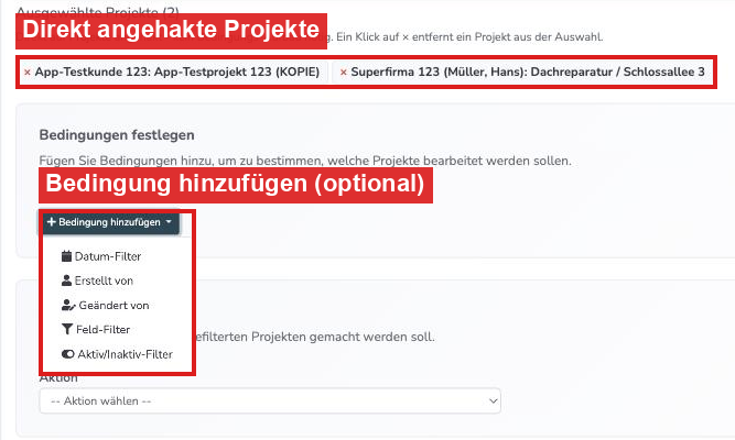 Ausgewählte Projekte und Bedingung hinzufügen