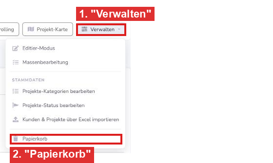 Menü Verwalten mit dem Eintrag Papierkorb