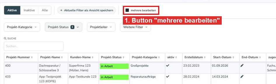 Projektübersicht mit dem Button mehrere bearbeiten