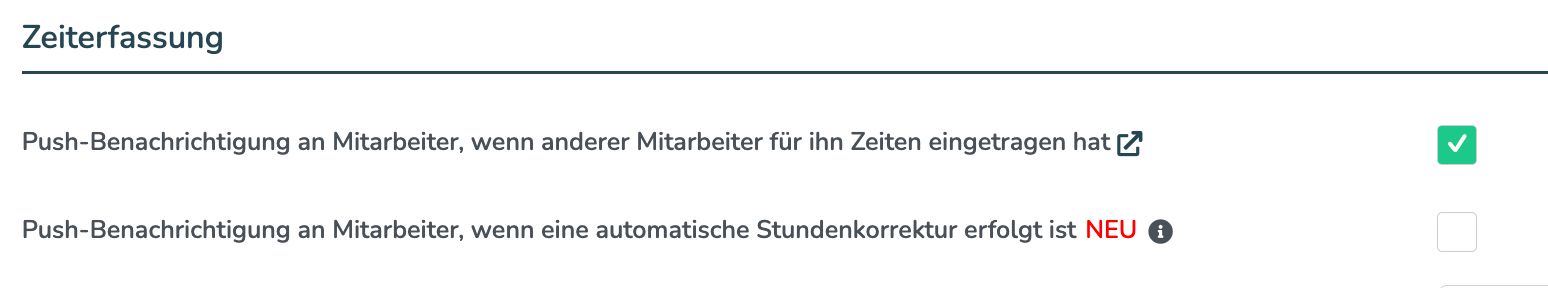 Abschnitt Zeiterfassung im Reiter Benachrichtigungen mit beiden Push-Schaltern