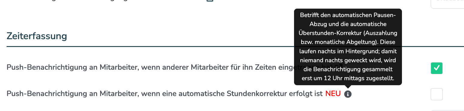 Geöffneter Hinweistext zur Einstellung mit der Erklärung zur Zustellung um 12 Uhr mittags