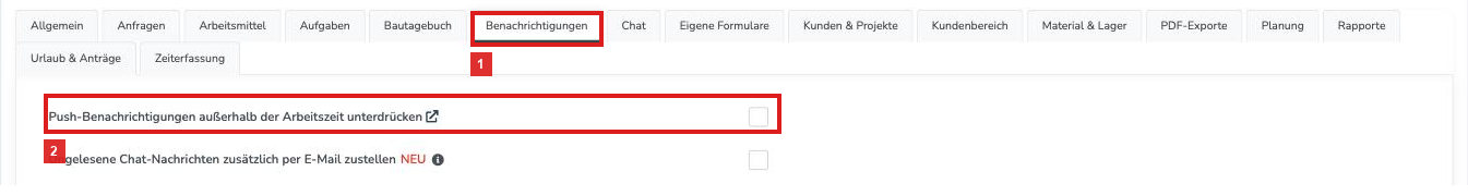 Reiter Benachrichtigungen mit der Einstellung Push-Benachrichtigungen außerhalb der Arbeitszeit unterdrücken