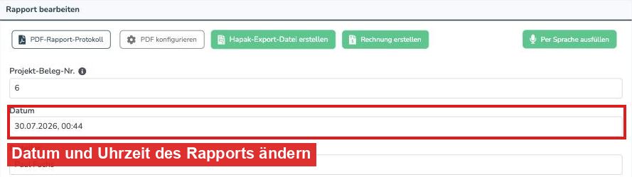 Rapport bearbeiten: Feld Datum rot markiert