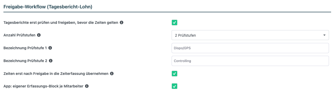 Einstellungen für den Freigabe-Workflow im Reiter Rapporte