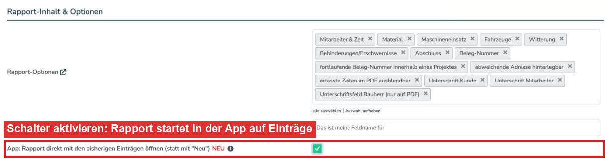 Einstellung: App: Rapport direkt mit den bisherigen Einträgen öffnen