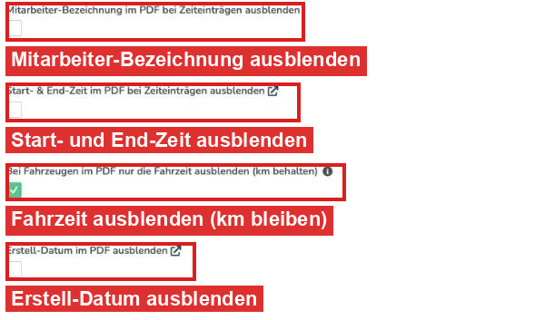 Schalter zum Ausblenden von Angaben im Rapport-PDF