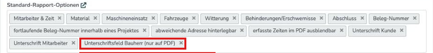 Standard-Rapport-Optionen mit rot markiertem Unterschriftsfeld Bauherr