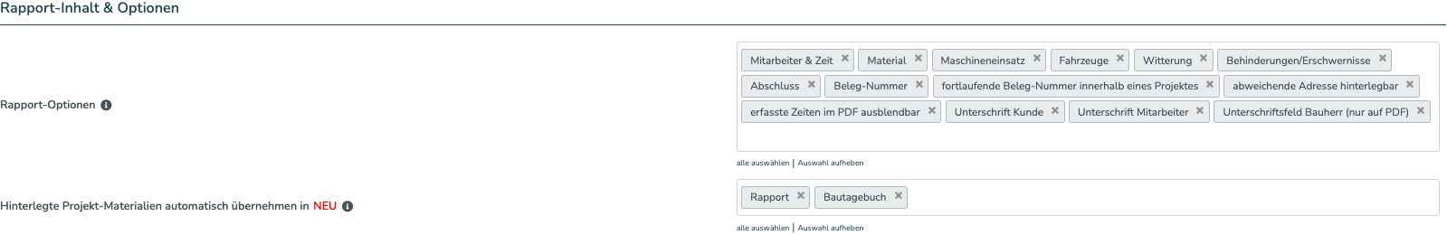 Einstellungsseite Rapporte mit dem Feld Hinterlegte Projekt-Materialien automatisch übernehmen in