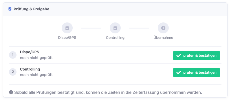 Prüfansicht mit offenen Prüfstufen und der Schaltflaeche prüfen und bestätigen