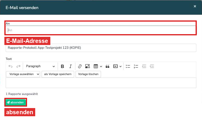 Fenster E-Mail versenden mit den Feldern An, Betreff, Text und dem Button absenden