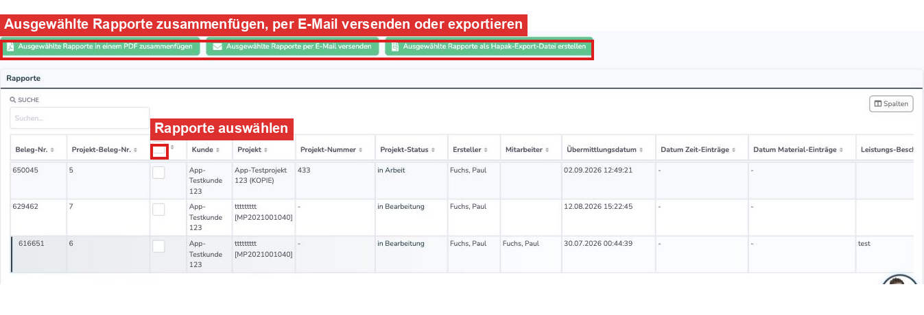 Liste der Rapporte mit Auswahlkästchen und den Buttons zum Zusammenfügen