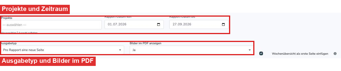 Sammel-Export mit Projekten, Zeitraum und Ausgabetyp