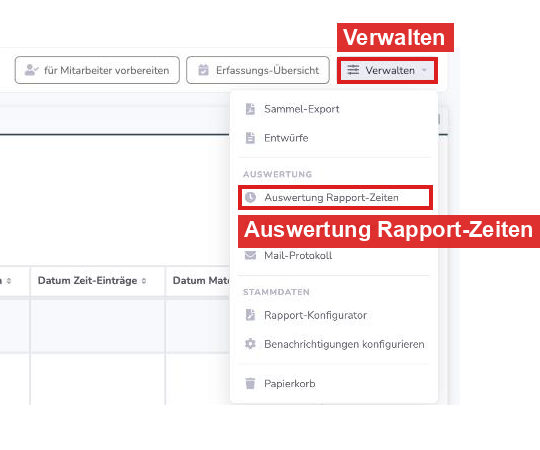 Rapporte: Verwalten und Auswertung Rapport-Zeiten rot markiert