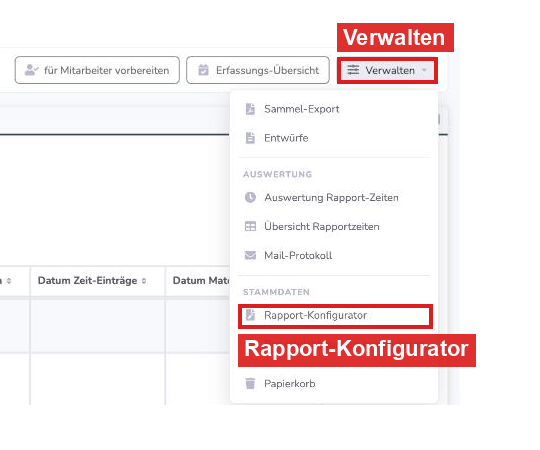 Rapporte: Verwalten und Rapport-Konfigurator rot markiert