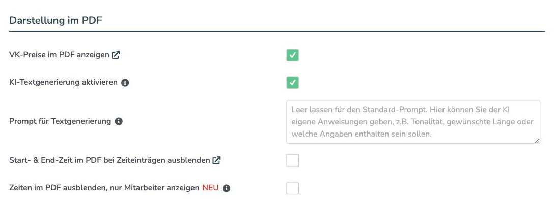 Einstellungen, Reiter Rapporte, Abschnitt Darstellung im PDF mit dem Schalter Zeiten im PDF ausblenden
