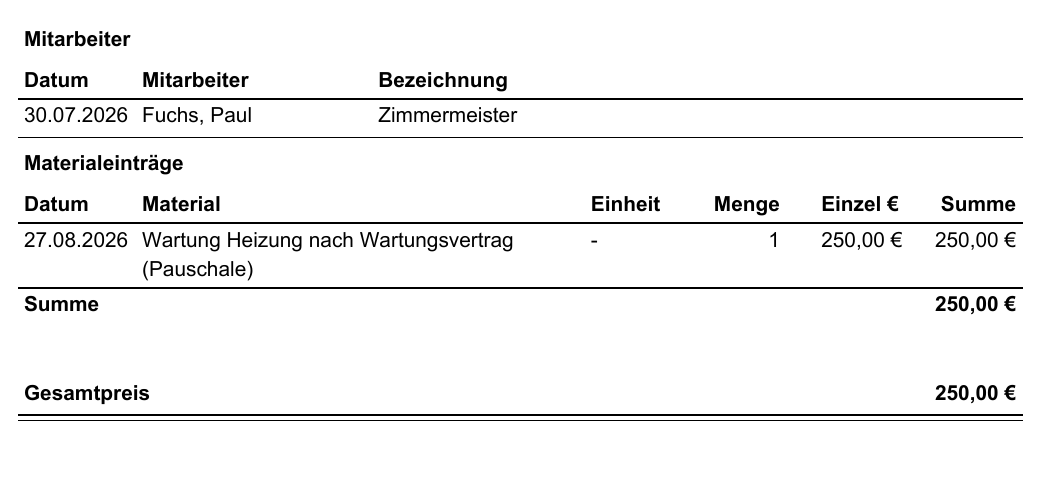 Dasselbe Rapport-PDF mit aktivierter Einstellung: nur Datum, Mitarbeiter und Bezeichnung, darunter die Wartungspauschale und Gesamtpreis 250,00 Euro