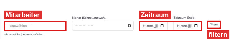 Auswertung Zeiteinträge mit den Filtern Mitarbeiter, Zeitraum und filtern