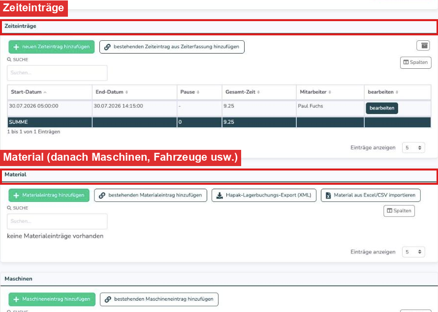 Rapport mit den Bereichen Zeiteinträge und Material