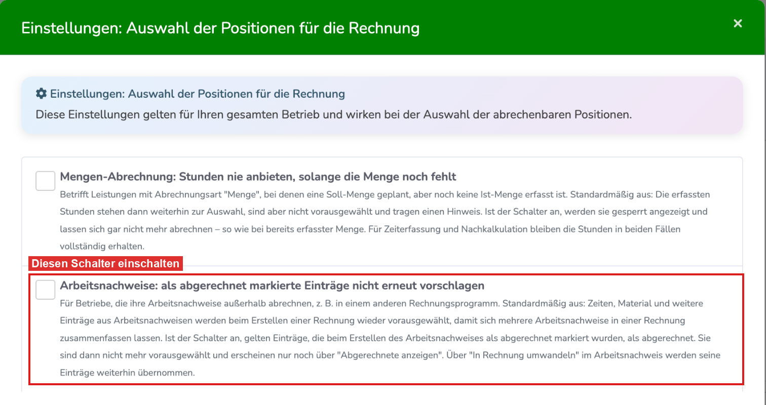 Einstellungsfenster mit dem Schalter Arbeitsnachweise: als abgerechnet markierte Einträge nicht erneut vorschlagen
