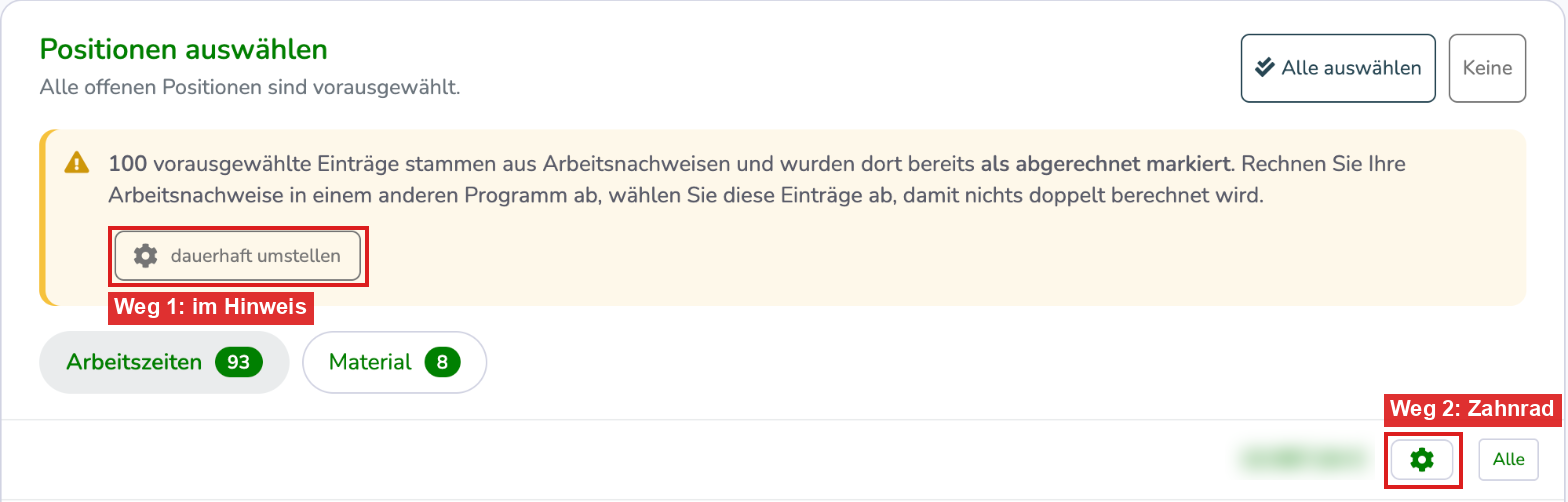 Hinweis beim Rechnung erstellen mit dem Button dauerhaft umstellen und dem Zahnrad im Bereich Arbeitszeiten