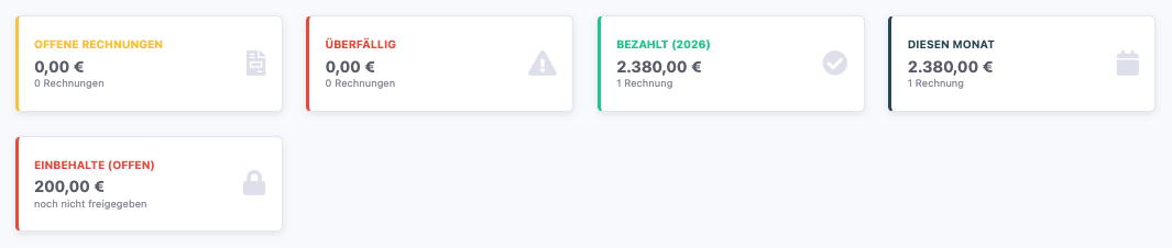 Rechnungsübersicht mit der Kachel Einbehalte (offen)