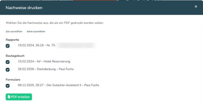 Fenster Nachweise drucken mit Rapporten, Bautagebuch und Formularen