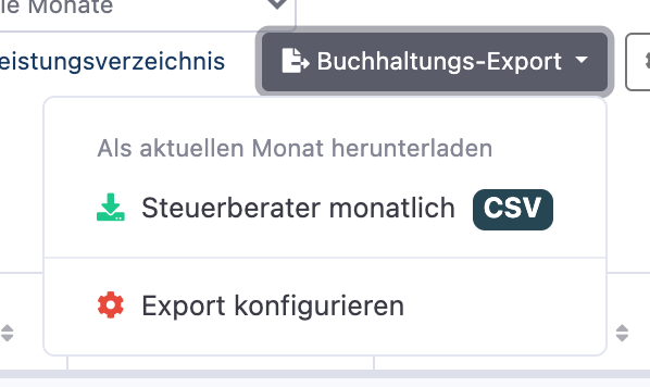 Button Buchhaltungs-Export mit geöffnetem Menü in der Rechnungsliste