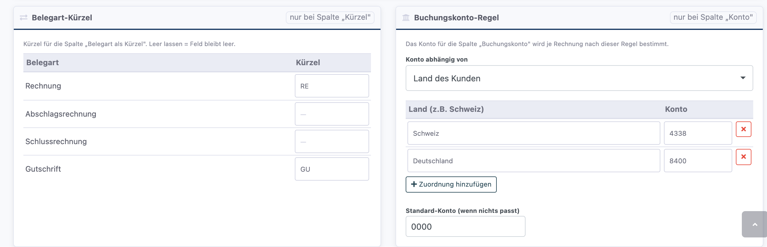 Bereiche Belegart-Kürzel und Buchungskonto-Regel mit Zuordnungen
