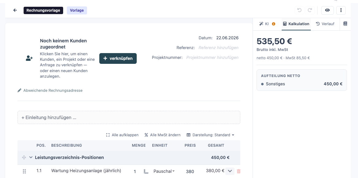 Rechnungsvorlage im Editor - projektneutral mit Positionen, oben als Vorlage gekennzeichnet