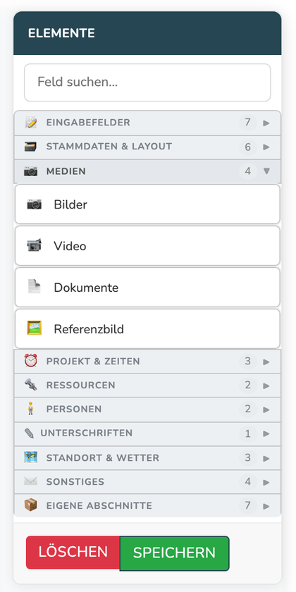 Elemente-Liste mit aufgeklappter Kategorie Medien und dem Eintrag Referenzbild