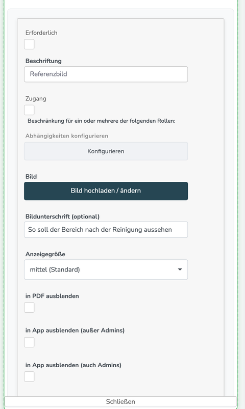 Einstellungen des Bausteins Referenzbild mit Bild hochladen, Bildunterschrift und Anzeigegröße