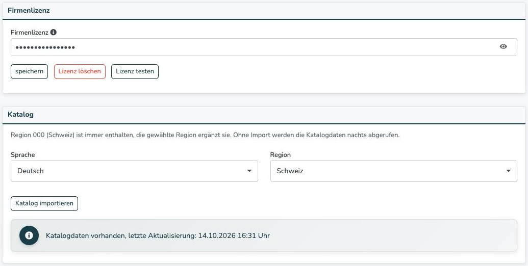Einstellungen SBV-Regiekatalog mit Firmenlizenz und Katalog-Import