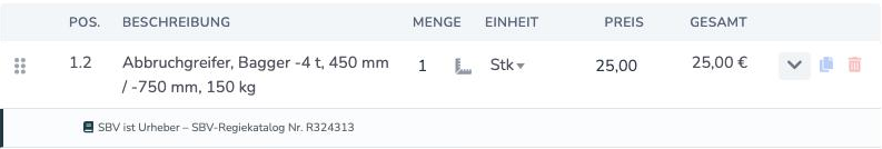 Übernommene Position mit Hinweis SBV ist Urheber und R vor der Nummer