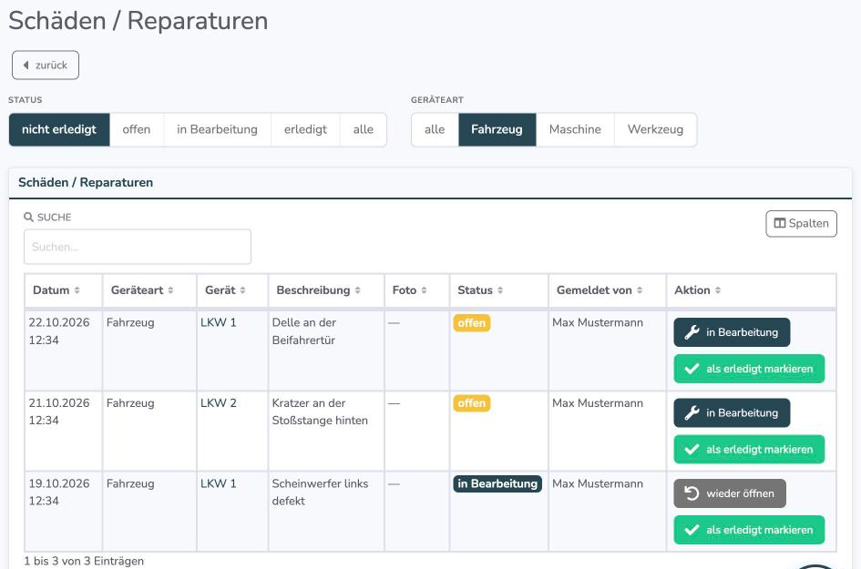 Übersicht Schäden / Reparaturen mit den Filtern Status und Geräteart