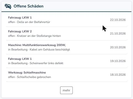 Dashboard-Widget Offene Schäden mit den fünf neuesten Meldungen