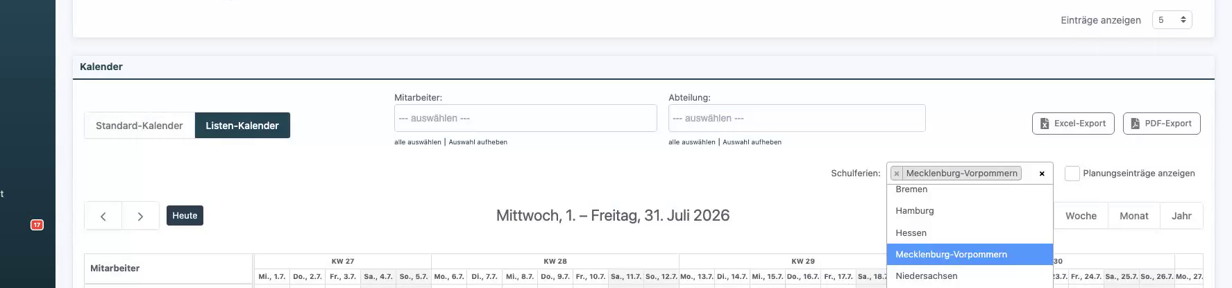 Auswahlfeld Schulferien oben rechts im Listen-Kalender