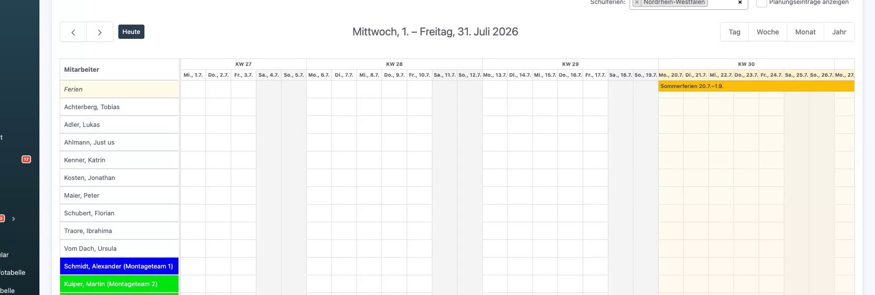Gelb markierte Ferientage und eigene Ferien-Zeile im Kalender