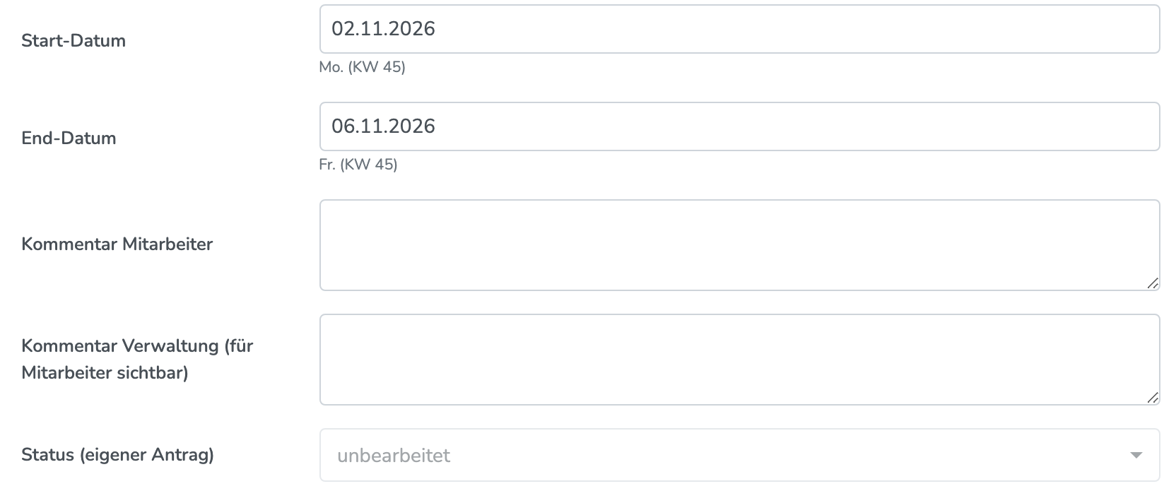Eigener Urlaubsantrag mit gesperrtem Feld „Status (eigener Antrag)“