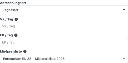 Mietpreisliste in den Stammdaten einer Maschine auswählen