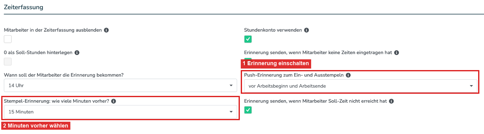 Mitarbeiter bearbeiten, Abschnitt Zeiterfassung mit den Feldern Push-Erinnerung zum Ein- und Ausstempeln und Stempel-Erinnerung: wie viele Minuten vorher?