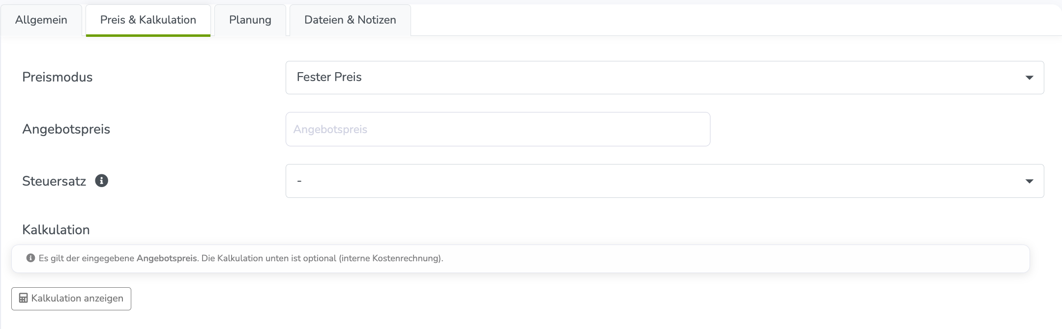 Feld Steuersatz im Leistungsverzeichnis, Bereich Preis und Kalkulation