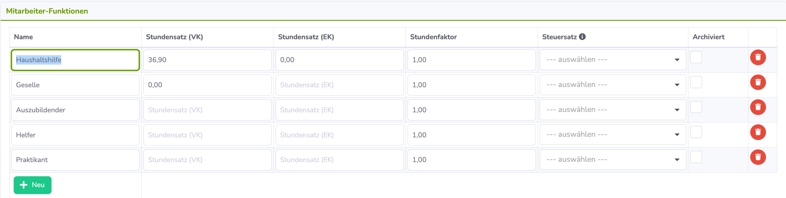 Neue Spalte Steuersatz in der Tabelle der Mitarbeiter-Funktionen
