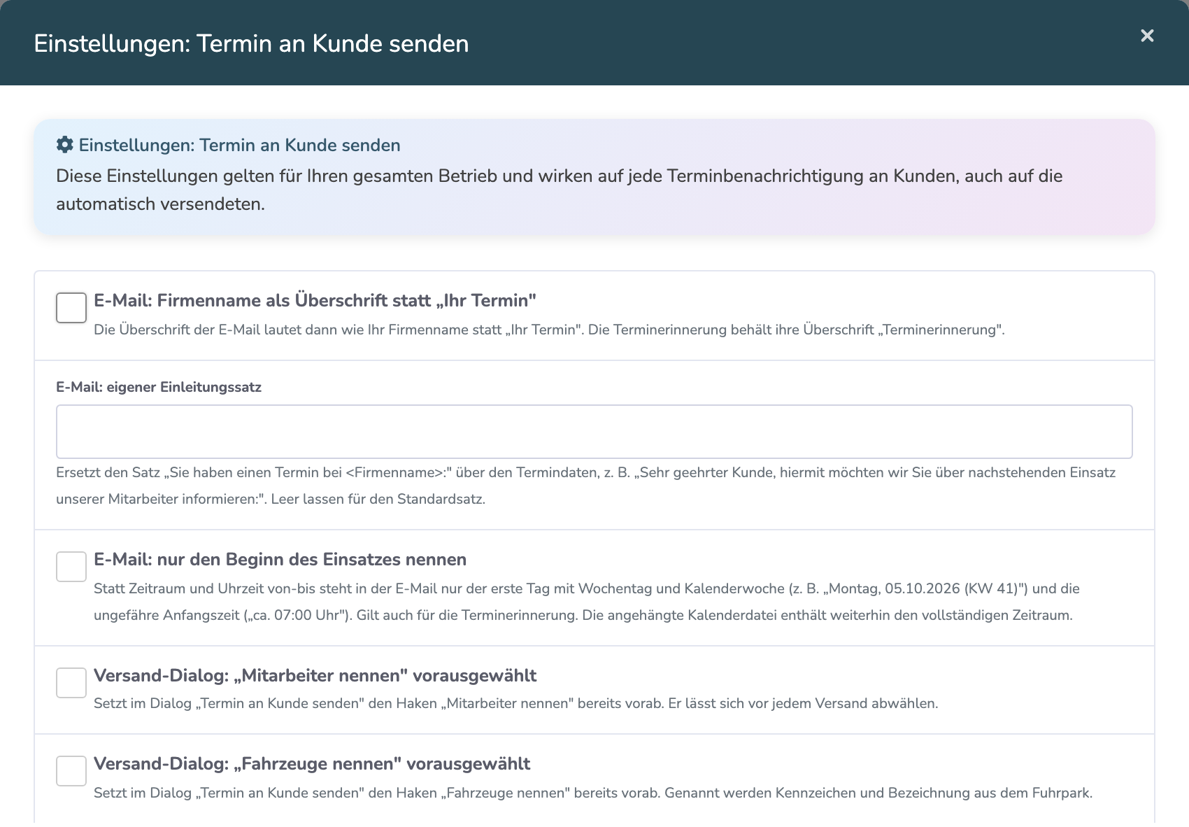 Einstellungen: Termin an Kunde senden