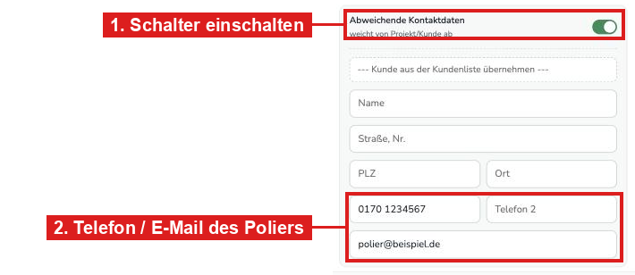 Bereich Abweichende Kontaktdaten im Termin mit Telefonnummer und E-Mail-Adresse des Poliers